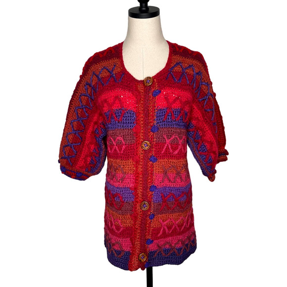 VINTAGE 60s XS Mod HAND KNIT Sweater Mini Dress $380 WOOL Puff Sleeves Red Blue - Picture 4 of 15